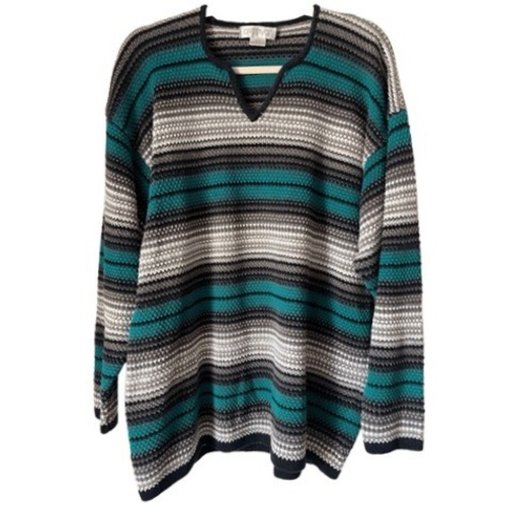 S4 Cattivo Sweater Striped Ramie Cotton Knit 1990s Vintage Notched Neck Teal
